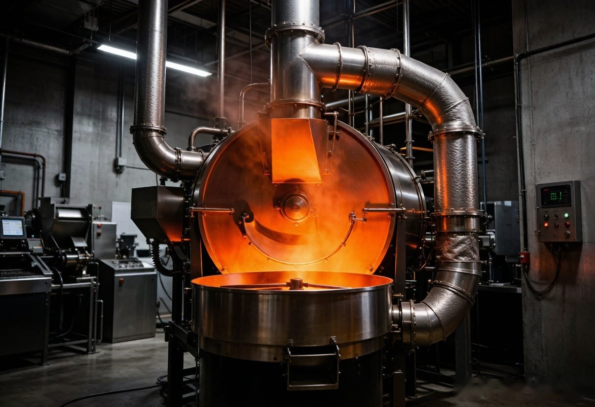 Before: a bare stainless-steel roaster drum glowing hot and radiating heat