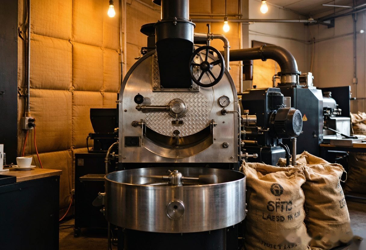 After: the same coffee roaster wrapped in GPOWER nanoceramic aerogel — cool, safe exterior