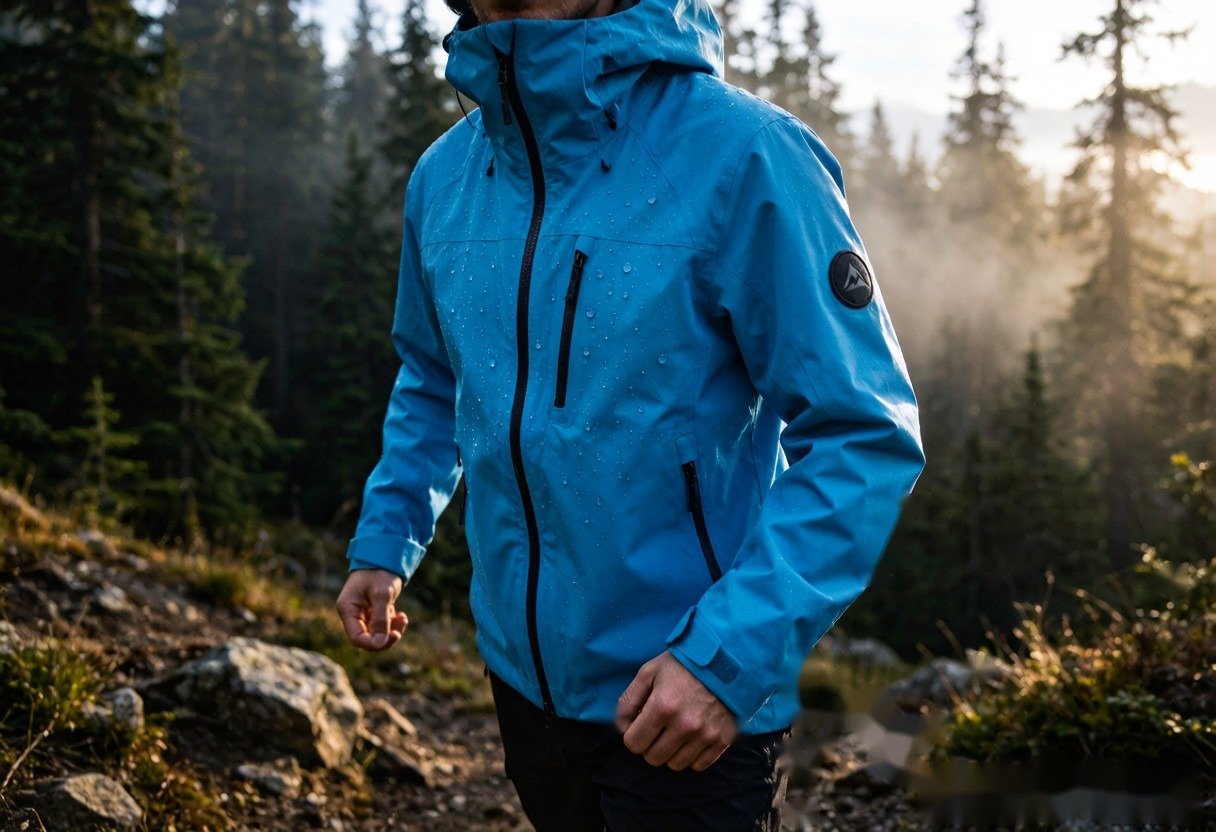 Outdoor jacket made with GPOWER waterproof breathable membrane — water beading on fabric surface