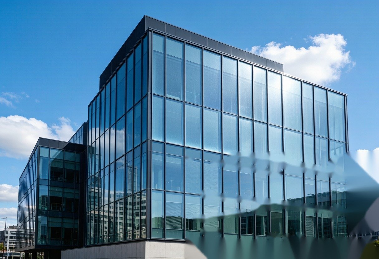 Modern glass building with radiative cooling film applied to windows — energy-efficient facade